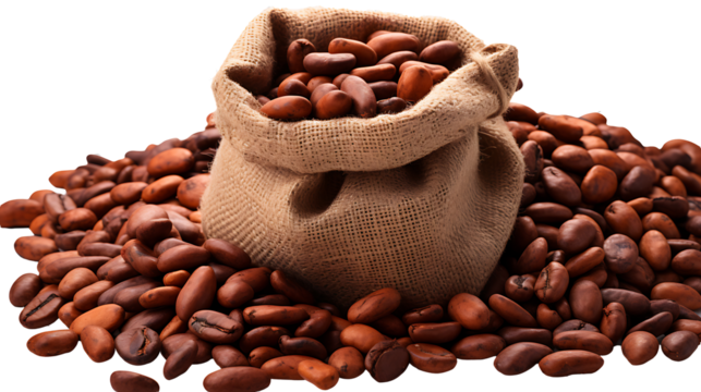 Cocoa beans in a burlap bag on a transparent png background