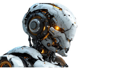 a highly detailed, mechanical robot or android that is white with black and orange details.