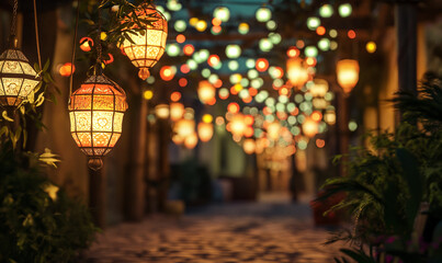 Ramadan night on a residential street, selective focus bokeh style