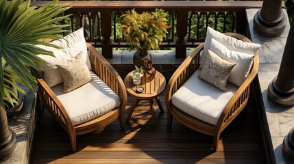 Top view of two stylish wooden chairs with pillows and small wooden table on balcony