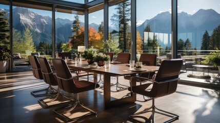 conference room table with beige chairs nearby, panoramic windows and glass walls.