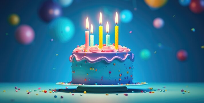birthday cake with candles with blue background in 3d
