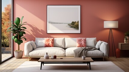 comfortable living room with sofa, cream carpet, lamps, paintings, decorations, plants and table. Peach wall