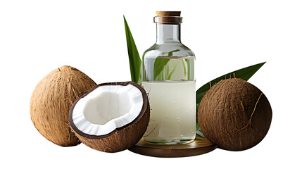 Coconut oil in a glass bottle with coconut on a transparent png background - obrazy, fototapety, plakaty