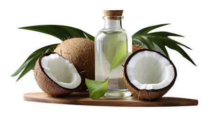 Coconut oil in a glass bottle with coconut on a transparent png background