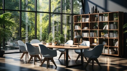 Fototapeta premium A white office with a round table surrounded by dark gray chairs, a window and bookshelves