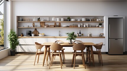 white Scandinavian kitchen with dining area. furniture, shelves with glassware and plants, refrigerator