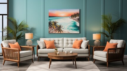Fototapeta premium White and blue sofa in the living room with paintings on the wall, decoration lamps and plants