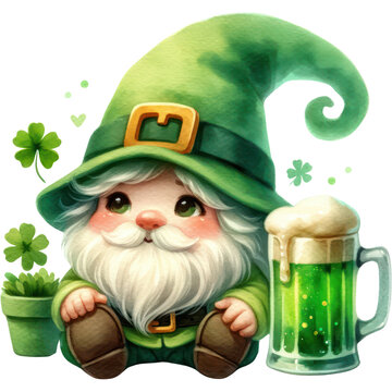 St Patrick's Day, Cute Green Garden Gnome drinking green beer in St Patrick's Day Theme PNG Clipart