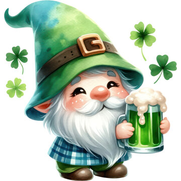 St Patrick's Day, Cute Green Garden Gnome drinking green beer in St Patrick's Day Theme PNG Clipart