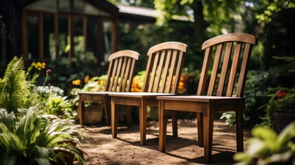 Wooden chairs in the garden outside the house