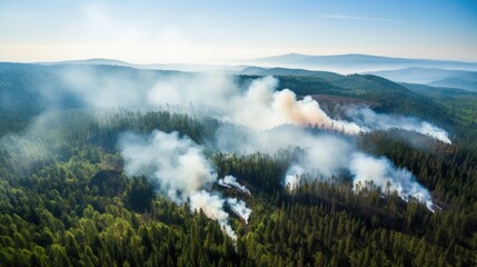 The expansive forest is no match for the allconsuming wildfire, as it engulfs everything in its path seen from a birds eye perspective.