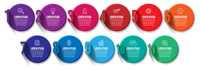 business infographic 11 parts or steps, there are icons, text, numbers. Can be used for presentation banners, workflow layouts, process diagrams, flow charts, info graphics, your business presentation