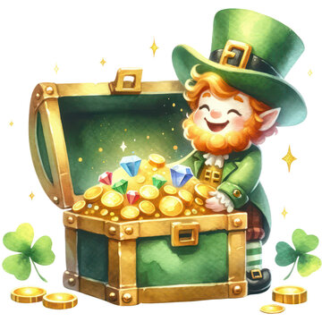 St Patrick's Day, Cute leprechaun found the chest of treasure in St Patrick's Day Theme PNG Clipart