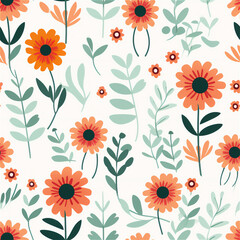 Seamless pattern : Orange Wildflowers Pattern on Cream
