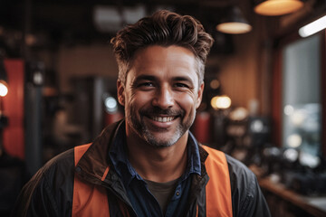 Fototapeta premium Portrait of a male electrician or technician smiling while looking at the camera in a workshop type of environment