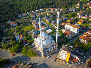 Kilyos Merkez Camii Mosque aerial view in historic town center of Kumkoy in Sariyer district of Istanbul, Turkey. 