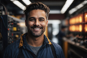 Portrait of a male electrician or technician smiling while looking at the camera in a workshop type of environment - Powered by Adobe