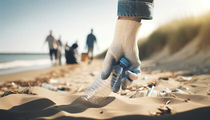 Environmental Volunteerism – Individual Picking Up Plastic Bottle on Sandy Beach.pollution, volunteer, waste, ecology, dirty, beach, garbage, trash, nature, recycling, plastic, ocean, sand, rubbish - obrazy, fototapety, plakaty