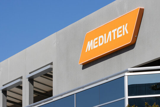San Jose, CA, USA - May 3, 2022: MediaTek logo is seen at its Silicon Valley office in San Jose, California. MediaTek, Inc. is a Taiwanese fabless semiconductor company.