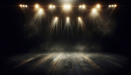 Stage Spotlight on Dark Wooden Floor Performance Venue Concept - A dark stage illuminated by bright spotlights from above, highlighting the textured wooden floor, perfect for showcasing performance an - obrazy, fototapety, plakaty