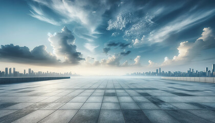 Urban Skyline and Expansive Clouds – Cityscape View from a Spacious Terrace.landscape, urban, street, modern, skyline, city, background, skyscraper, downtown, sky, view, building, blue, business, road - obrazy, fototapety, plakaty