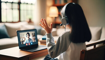 Young Girl Virtual Learning Waving Hand Laptop Home Interior - A young girl with headphones waving at the screen during a video call, set in a cozy home environment, ideal for remote learning and mode - obrazy, fototapety, plakaty