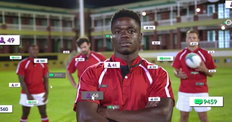 Animation of social media notifications over diverse male football team at stadium - Powered by Adobe