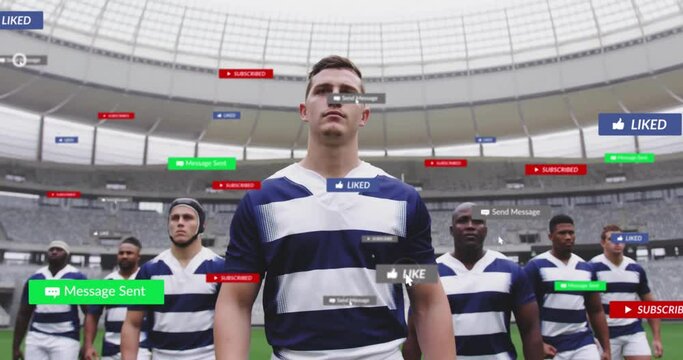 Animation of social media notifications over diverse male rugby team at stadium - Powered by Adobe