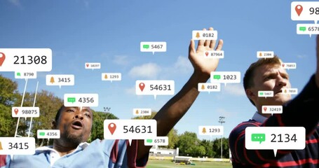 Animation of social media notifications over diverse male rugby players in match - Powered by Adobe