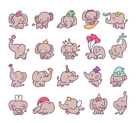 Fototapeta premium Cute kawaii elephant. Cartoon funny characters. Hand drawn style. Vector drawing. Collection of design elements.