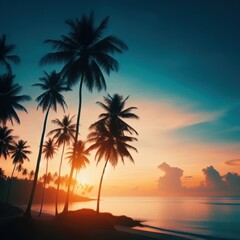 Fototapeta na wymiar palm trees silhouette on sea beach sunset landscape