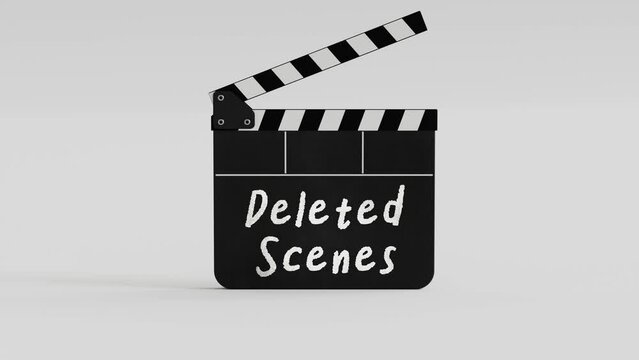 Movie clapper board 3D animation with deleted scenes words on film slate for uncut footage, mistake, bloopers, outtakes movie