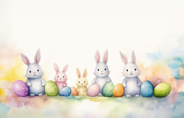 Obraz premium Easter bunny and easter eggs in watercolor painted style. Easter decoration, easter greeting card, poster or background. Generative AI.