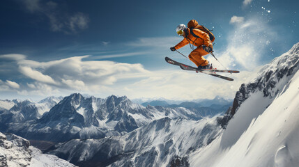 An athlete skier is jumping from high rock - obrazy, fototapety, plakaty