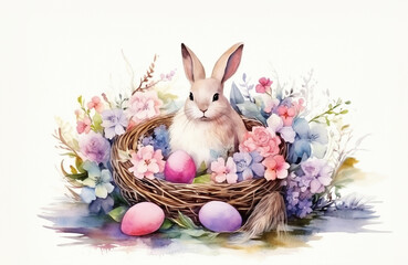 Easter bunny and eggs in nest in watercolor painted style. Easter decoration, easter greeting card, poster or background. Generative AI.