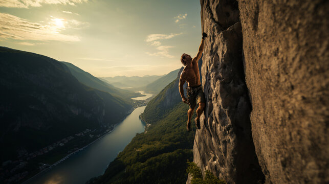 man climbing at sunset on a trip, fearless courageous person, fearless person, extreme sport confidence dramatic sky