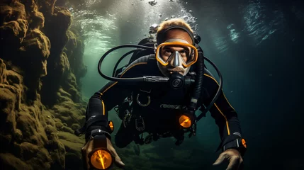 Fotobehang Scuba diver explorer coral reef © Lerson