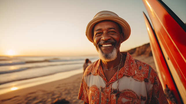 Smiling bearded african american senior man with surfboard looking away at beach against clear sky