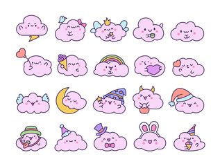 Cute and kawaii cloud. Cartoon weather character. Hand drawn style. Vector drawing. Collection of design elements.