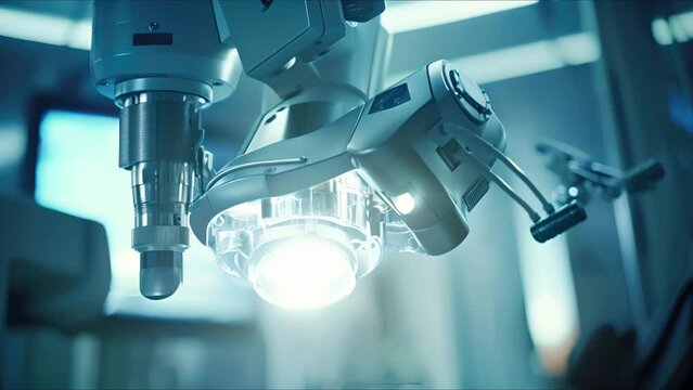 Detailed view of an AIpowered surgical microscope capturing realtime images and data for the surgeon to analyze.