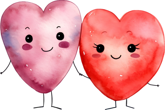 Watercolor cute heart couple character holding hand illustration cartoon clipart for romantic love relationship concept