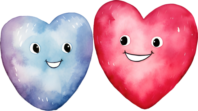 Watercolor red and blue smiling heart couple character with happy expression clipart for love theme