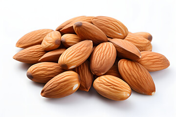 A closeup photo with almonds on a white background
