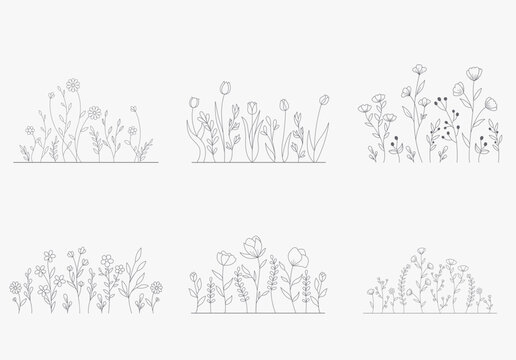Hand-drawn wild flowers sketch set isolated on white background. Spring herbal design. 
Black Silhouettes Of Grass, Flowers And Herbs.