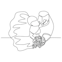 Continuous single line sketch drawing of romantic wedding couple groom and bride elegant suit and dress. One line art of  married couple wedding celebration day hug kiss pose vector illustration