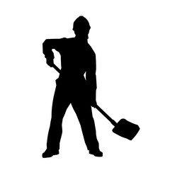 Silhouette of a worker carrying shovel tool. Silhouette of a worker in action pose using shovel tool.