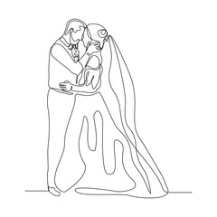 Continuous single line sketch drawing of romantic wedding couple groom and bride elegant suit and dress. One line art of  married couple wedding celebration day hug kiss pose vector illustration