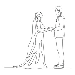 Continuous single line sketch drawing of romantic wedding couple groom and bride elegant suit and dress. One line art of  married couple wedding celebration day hug kiss pose vector illustration