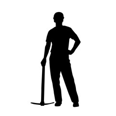 Silhouette of a man in worker costume carrying pick axe tool in action pose.